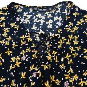 ZARA Black & Yellow Floral Bell Sleeve Women's Top - Size XS